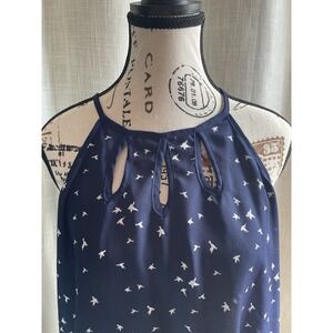 PAPERMOON Women's XL Navy Bird Print Keyhole Halter Sleeveless Tank Top Summer